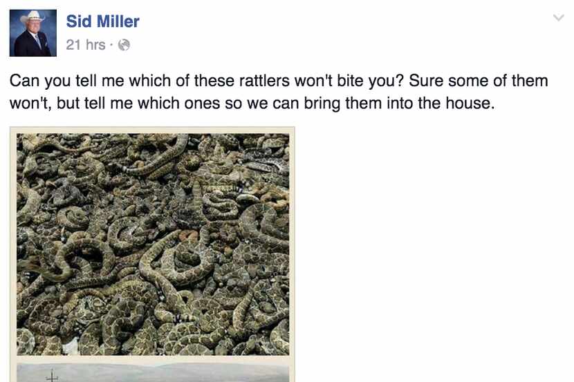 Sid Miller's campaign Facebook page compares rattlesnakes to Syrian refugees.