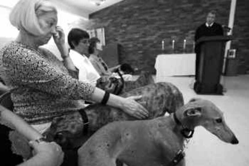  Louise Jacobson wipes away tears and pets a greyhound as the Rev. Chip Hastings conducts a...