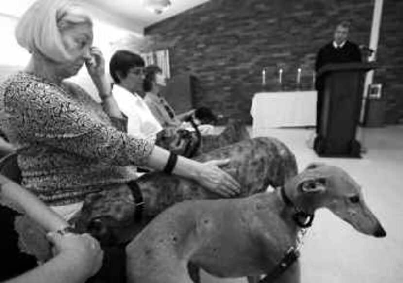  Louise Jacobson wipes away tears and pets a greyhound as the Rev. Chip Hastings conducts a...