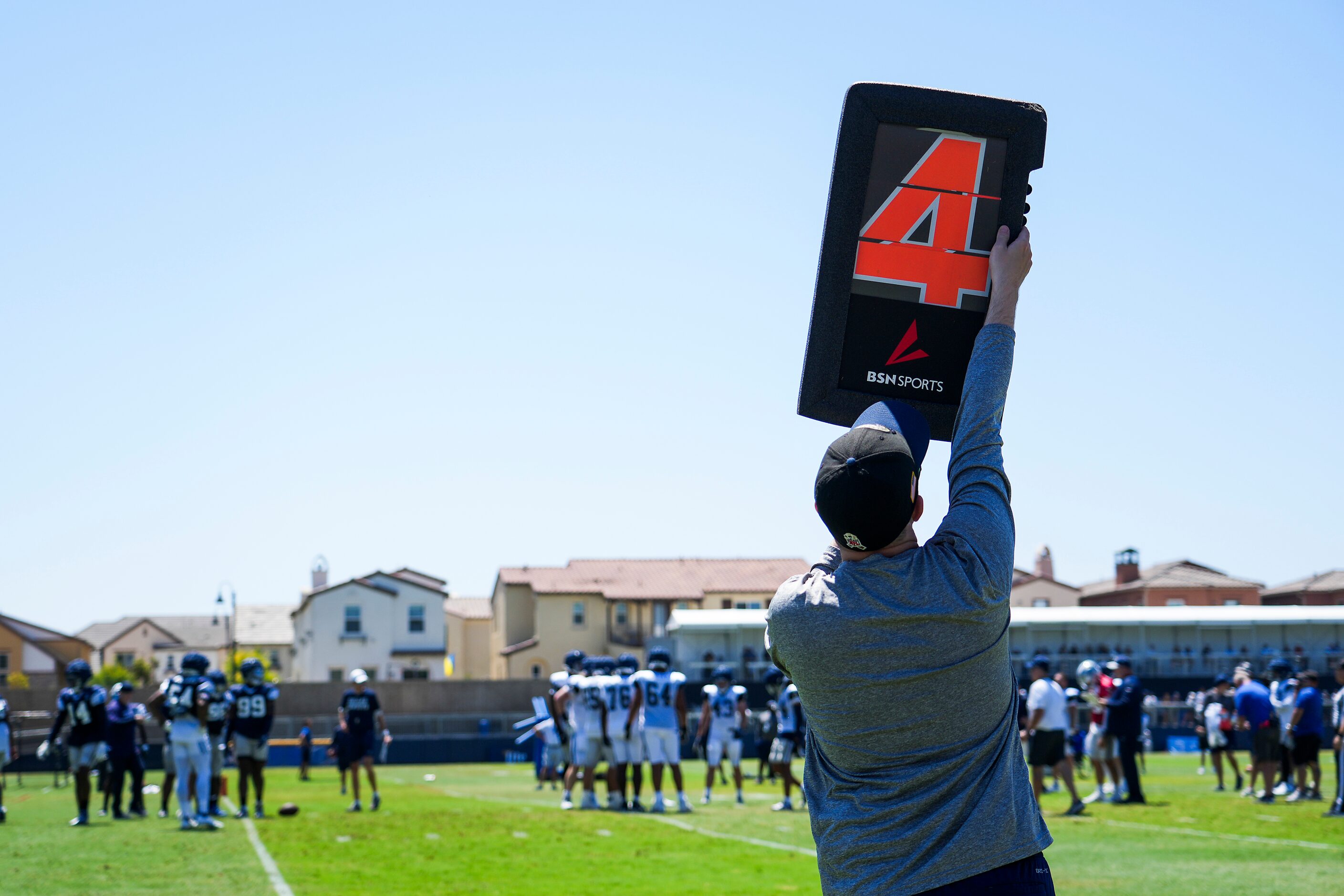 Dallas Cowboys players prepare for a fourth-and-goal attempt during a training camp practice...