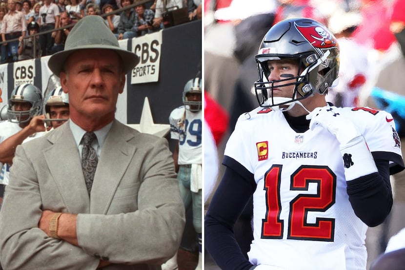 Left: Former Dallas Cowboys coach Tom Landry / Right: Tampa Bay quarterback Tom Brady.