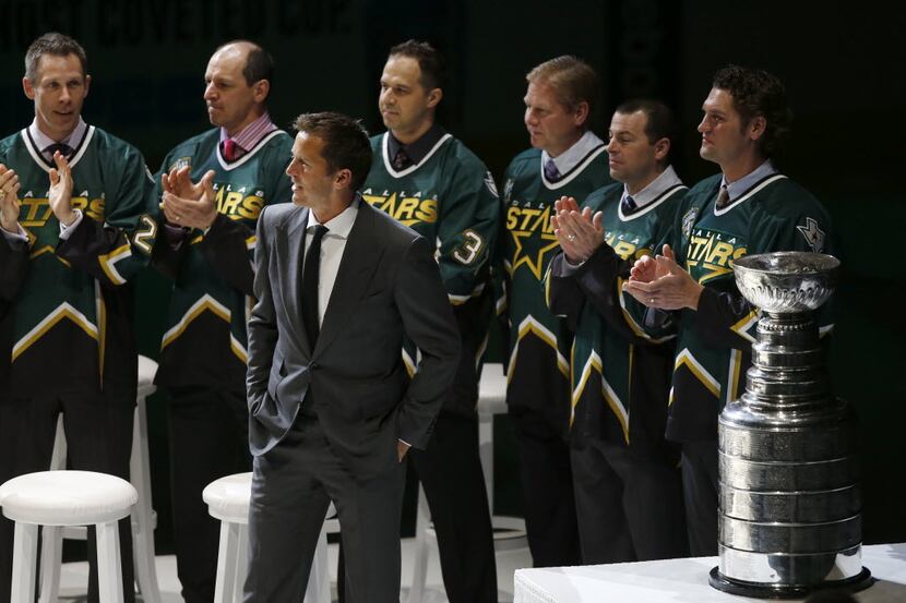 Mike Modano soaks it in during his jersey retirement ceremony at American Airlines Center in...