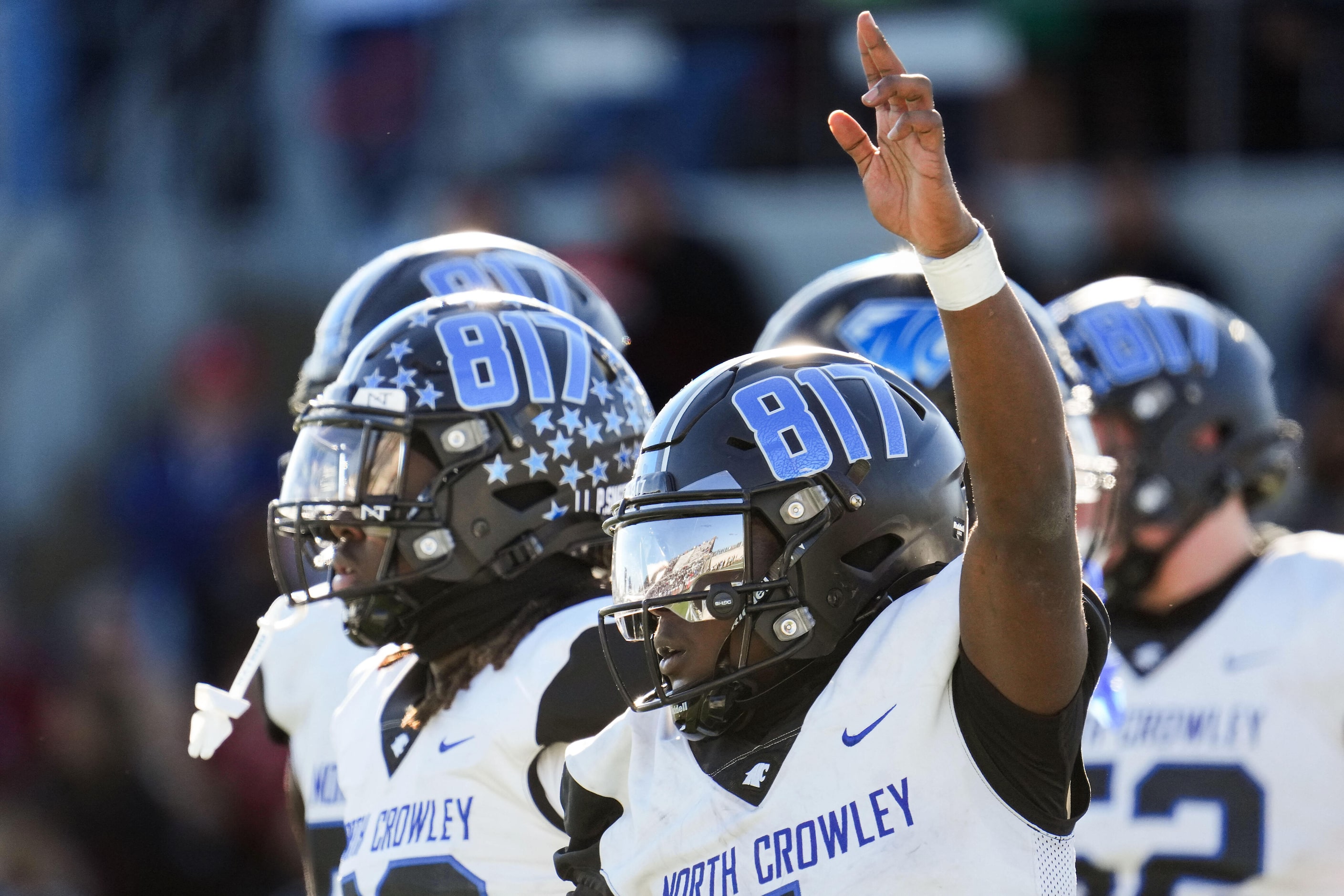 North Crowley running back Cornelius Warren (1) celebrates after a rushing touchdown during...