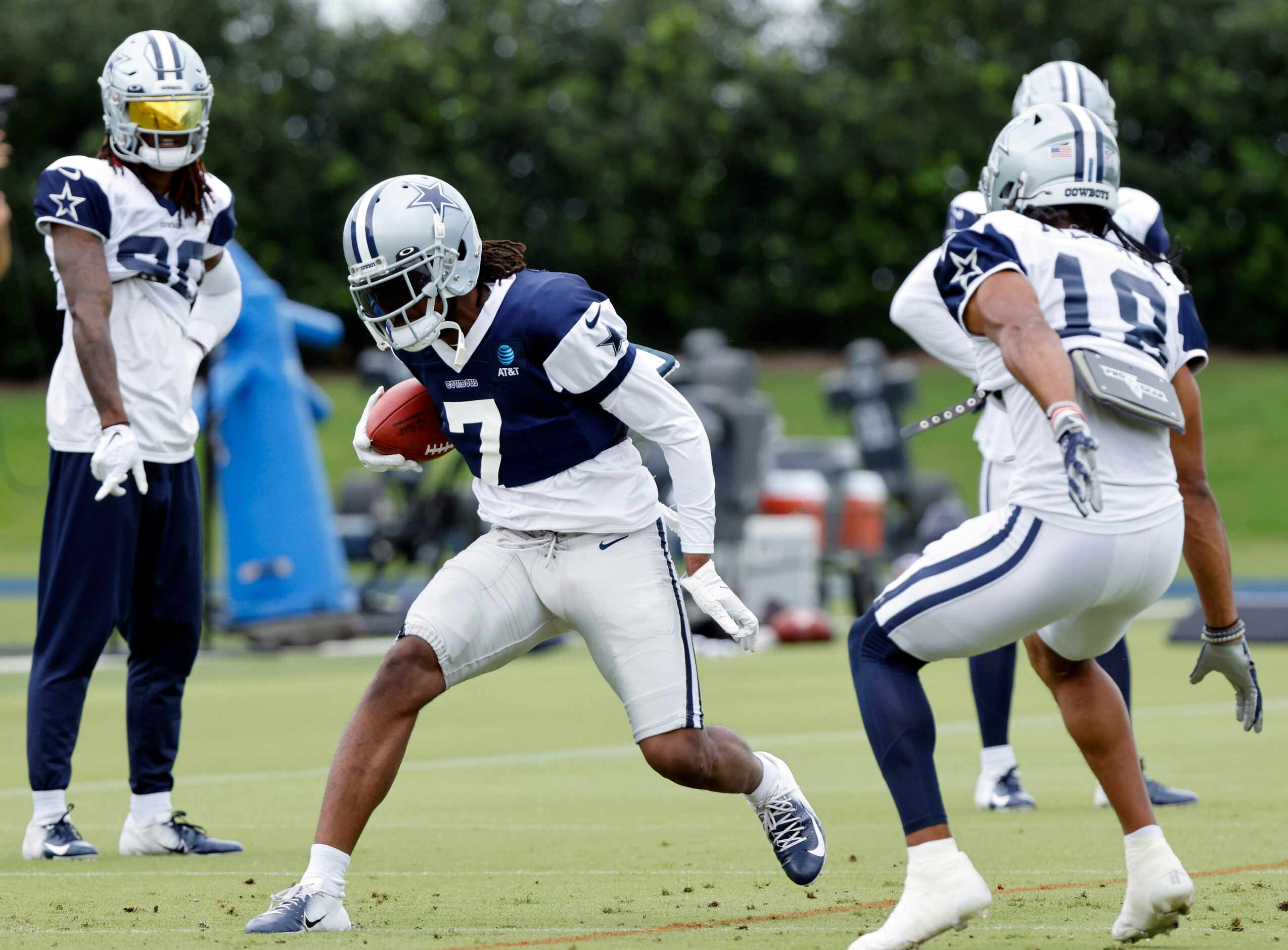 Dallas Cowboys cornerback Trevon Diggs (7) carries the football during practice at The Star...
