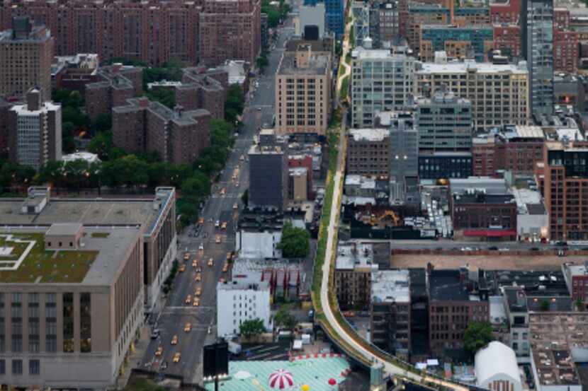 New York's High Line: An aerial view from West 30th Street, looking South toward the Statue...