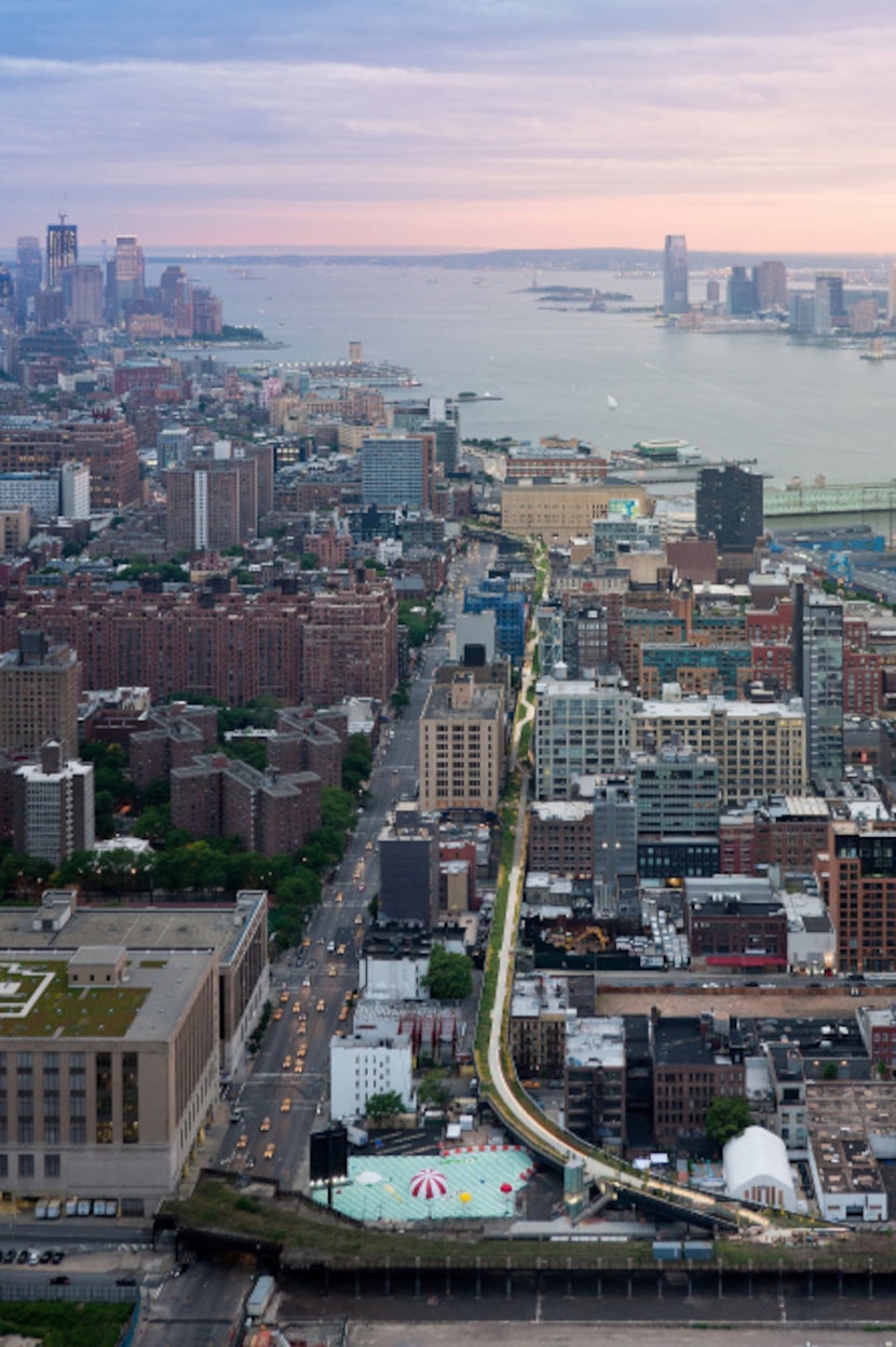 New York's High Line: An aerial view from West 30th Street, looking South toward the Statue...