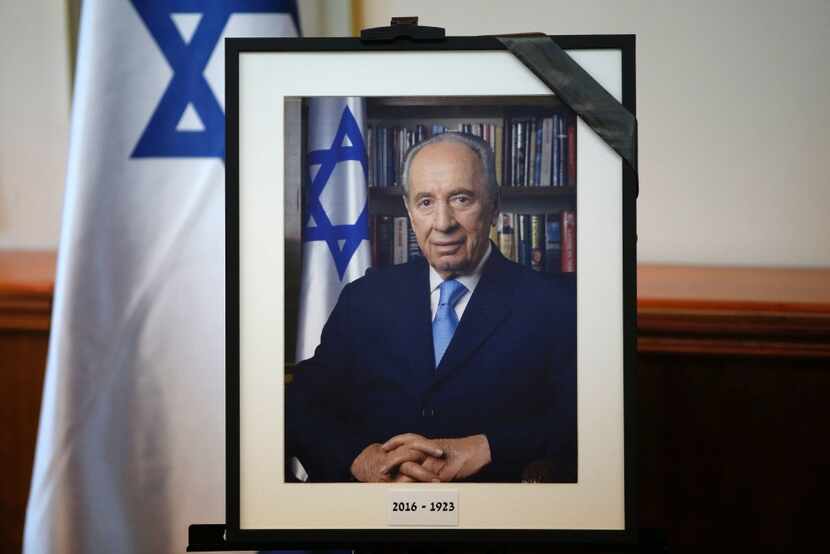 A photograph of former Israeli president Shimon Peres was displayed Wednesday in Jerusalem...