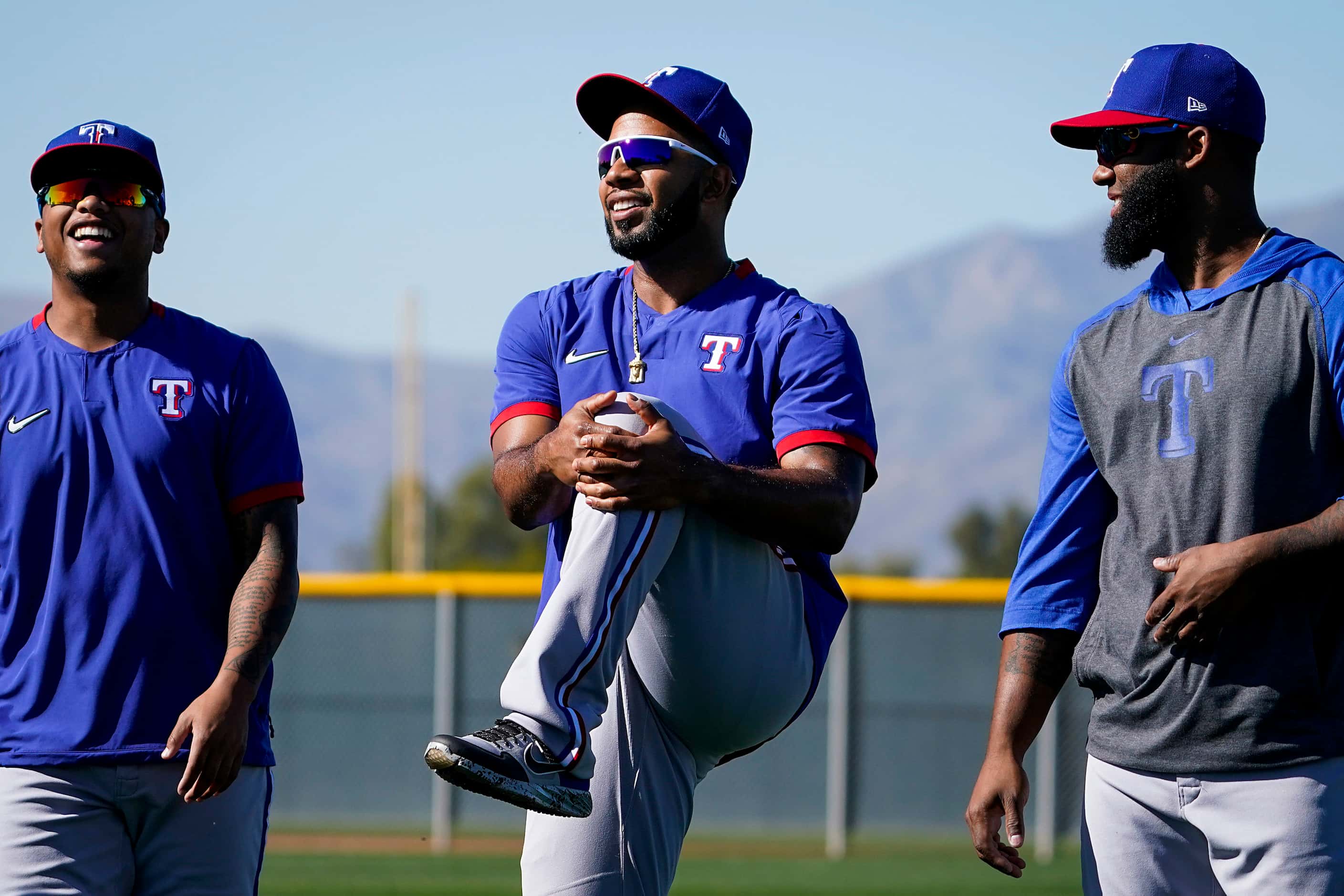 Texas Rangers outfielder Willie Calhoun (from left), shortstop Elvis Andrus and outfielder...