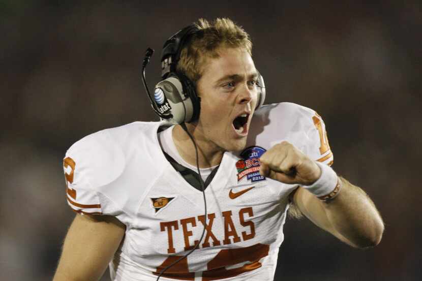 Texas quarterback Colt McCoy reacts to a two-point conversion against Alabama during the...
