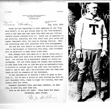 A letter from D.X. Bible and photo of "Chick" Harrison. Texas A&M player Richard Henry...