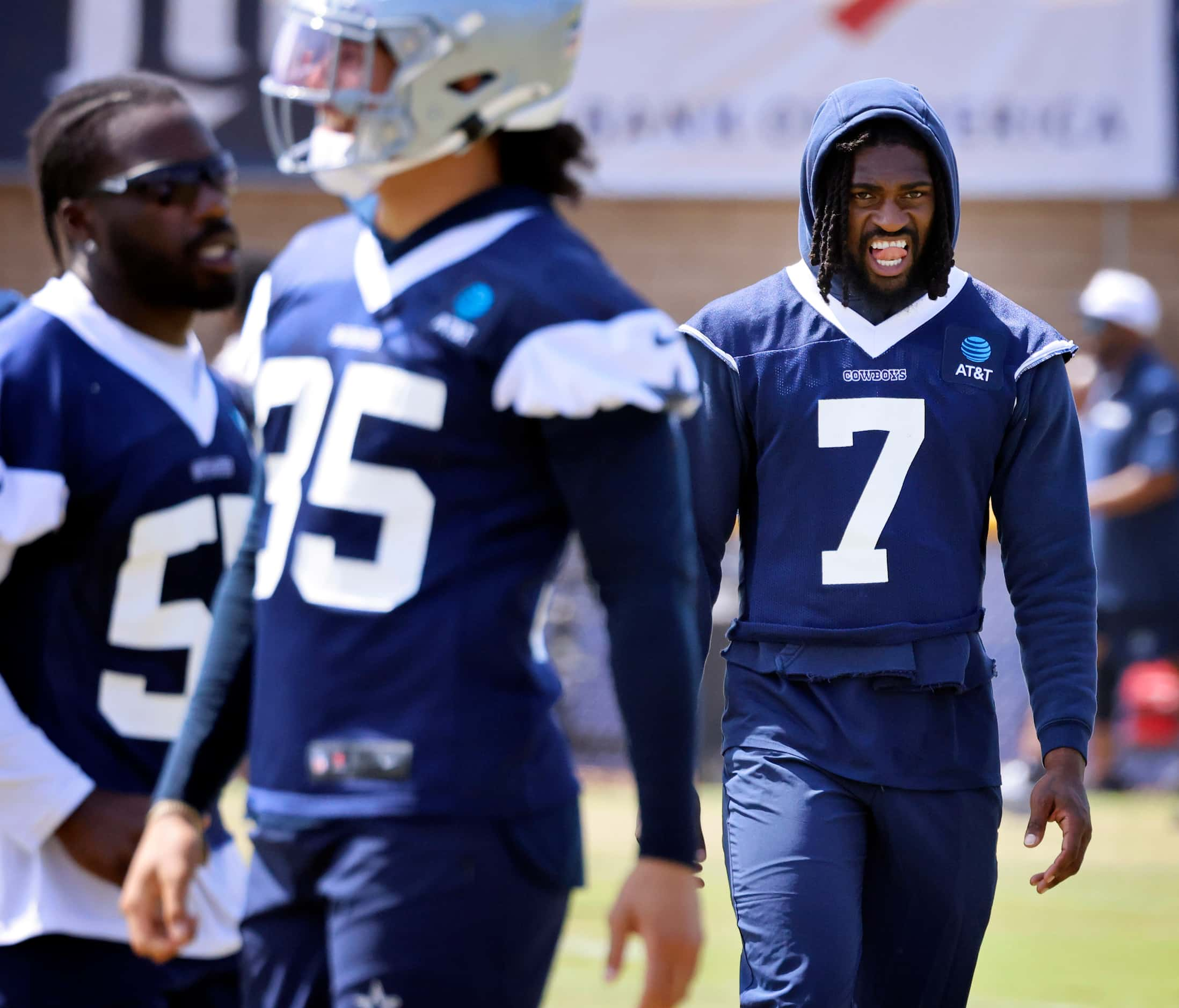 Dallas Cowboys cornerback Trevon Diggs (7) reacts to a defensive play he was in on during a...