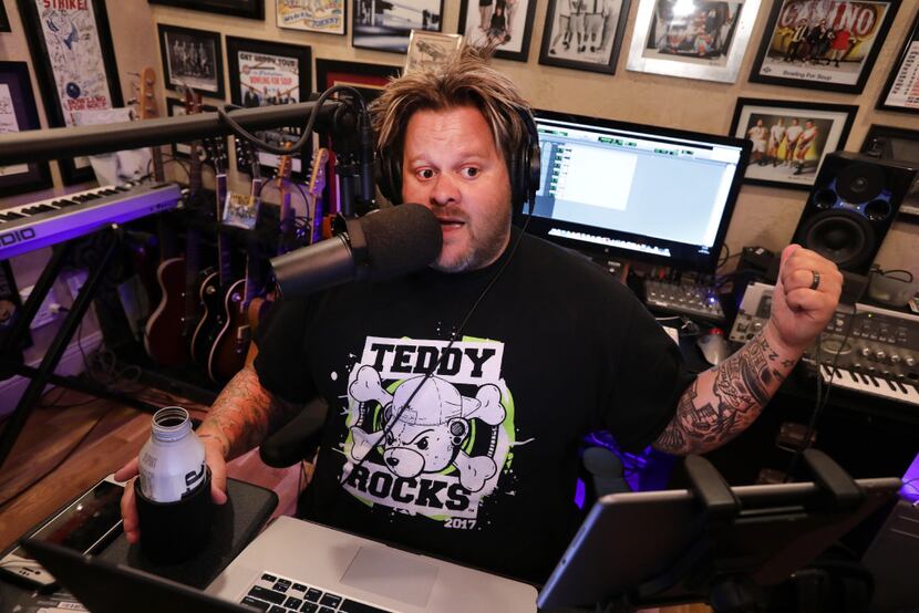 Jaret Reddick records an episode of his podcast "Jaret Goes to the Movies" at his home in...