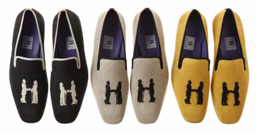 Slip up: Hadleigh's linen tuxedo slippers, customizable, $395 a pair, Hadleigh's Bespoke