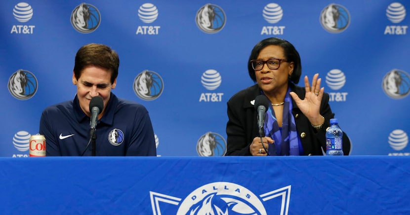 Dallas Mavericks CEO Cynthia Marshall addresses the room next to Dallas Mavericks owner Mark...