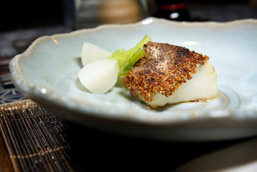 Cod coated with buckwheat tea was served with steamed baby turnips.
