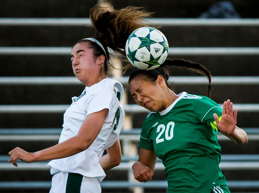 Prosper forward Diana Ordonez (26) fights for a header with Mesquite Poteet's Gabbrielle...