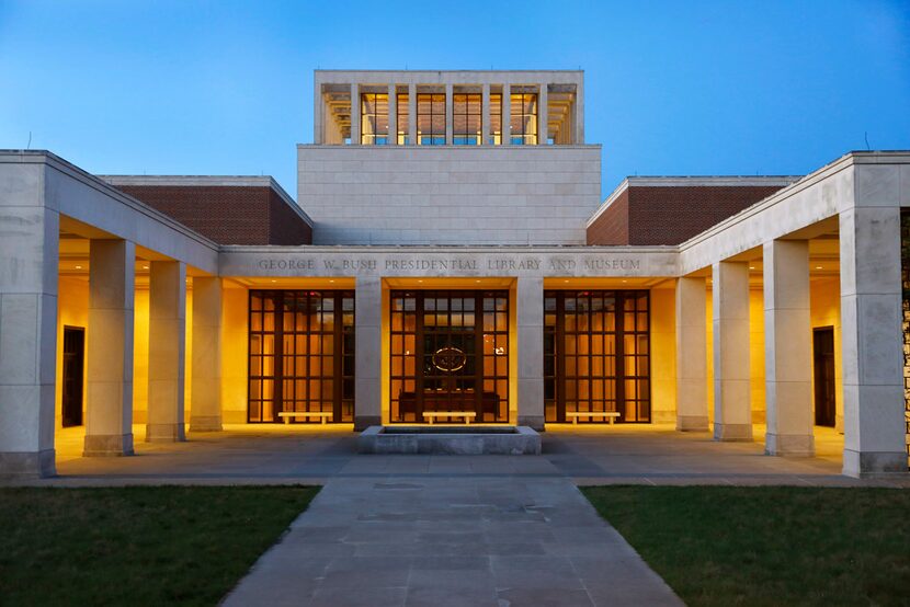 The Freedom Hall towers above the George W. Bush Presidential Library and Museum at dawn.