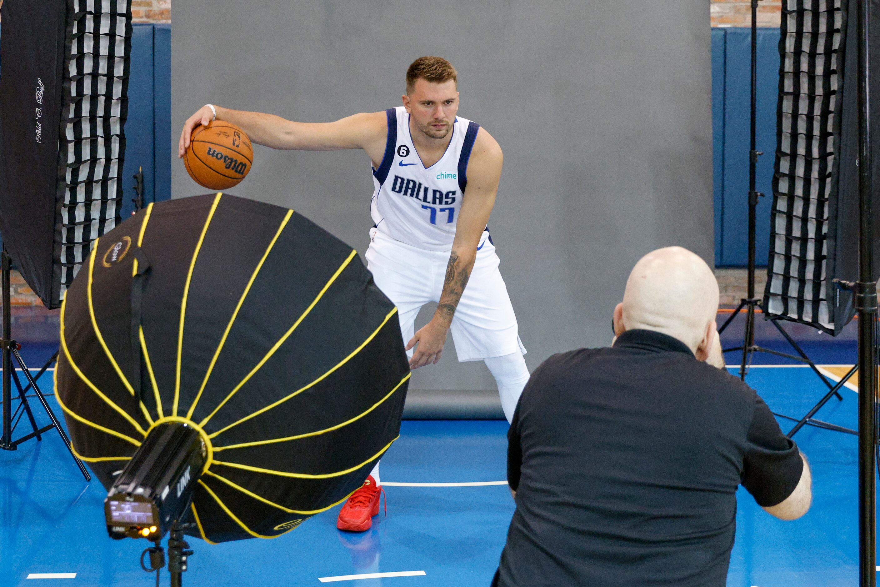 Dallas Mavericks guard Luka Doncic (77) dribbles a ball for a portrait during the Mavericks...