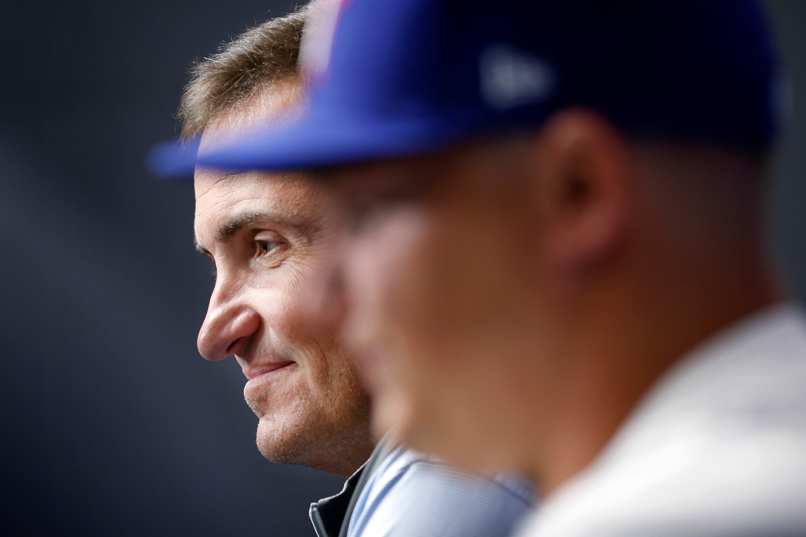 Rangers President of Baseball Operations Chris Young listens to his newest outfielder Joc...