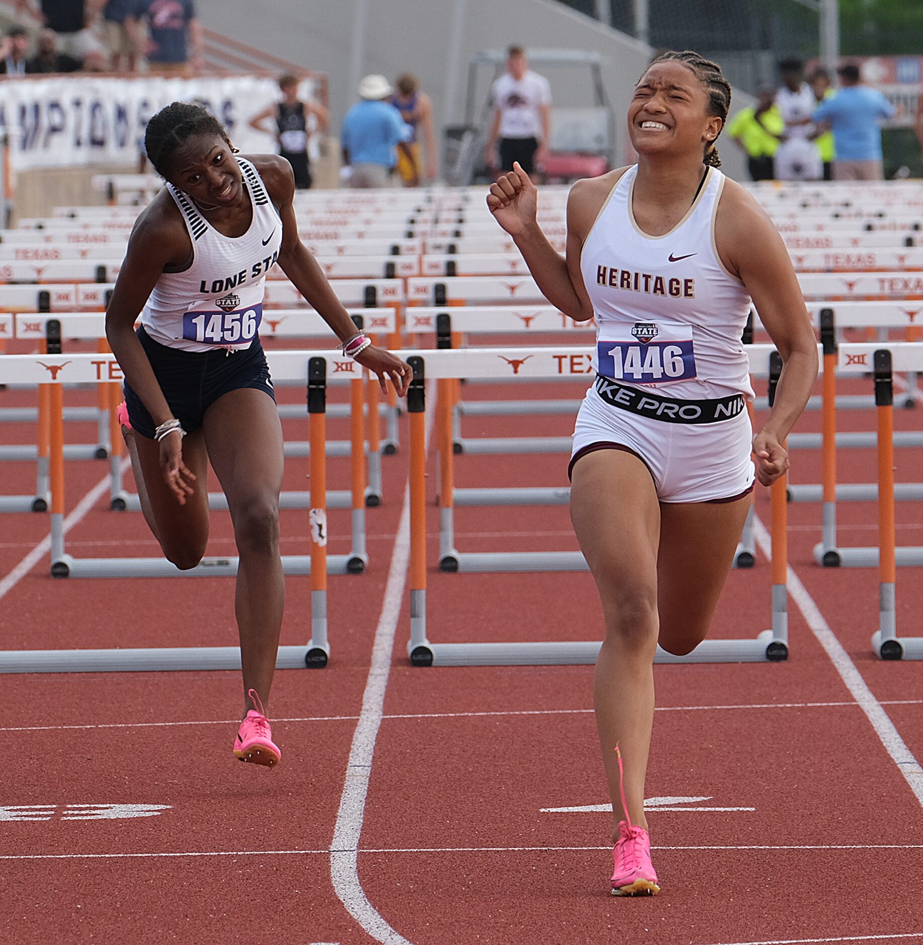 Kelis Jules for Frisco Lone Star on left and Kaylah Braxton of Frisco Heritage compete in...