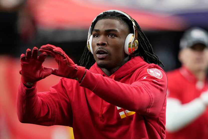 Kansas City Chiefs wide receiver Rashee Rice warmed up before taking on the San Francisco...