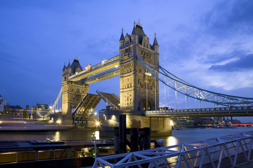 The 19th-century  Tower Bridge, viewed from the south bank of the Thames River, helped...