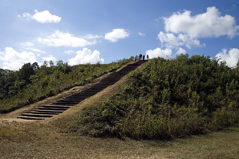 The Chieftain Mound provides a high view of the ancient earth structures of Moundville,...