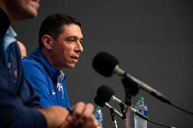Texas Rangers President of Baseball Operations Jon Daniels answers a question during the...