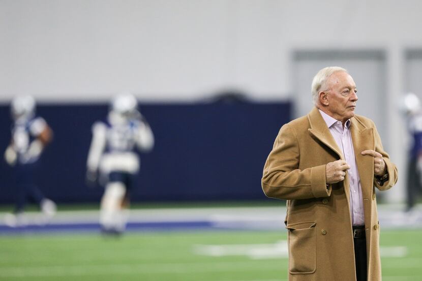 Dallas Cowboys Owner Jerry Jones watches during a Cowboys practice Thursday, Jan. 3, 2019 at...