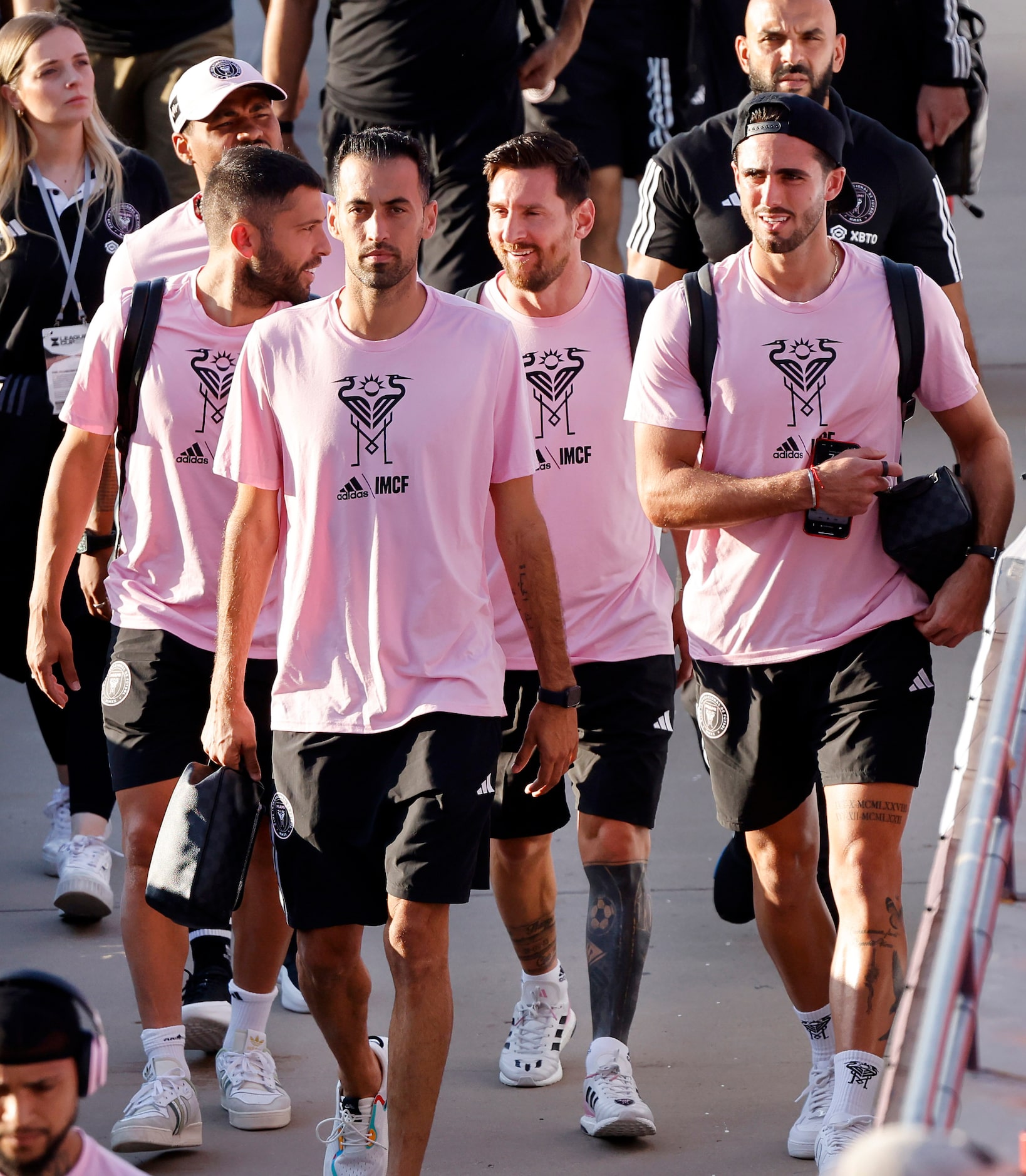 Inter Miami forward Lionel Messi (second from right) arrives with his teammates for a...