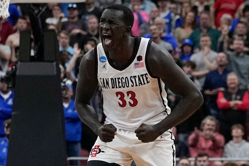 San Diego State forward Aguek Arop (33) celebrates victory against Creighton in the second...