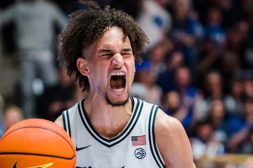 Duke center Dereck Lively II (1) reacts during an NCAA college basketball game against North...