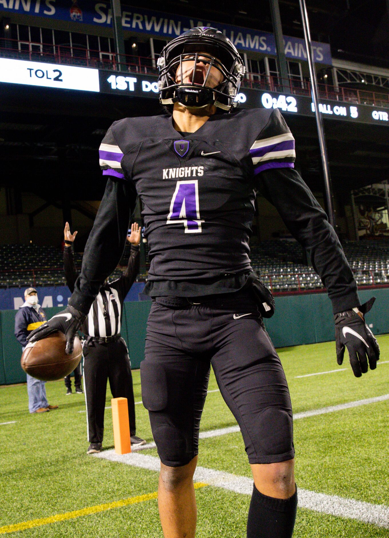 Frisco Independence's Jordyn Tyson's (4) celebrates his touchdown during the first half of a...