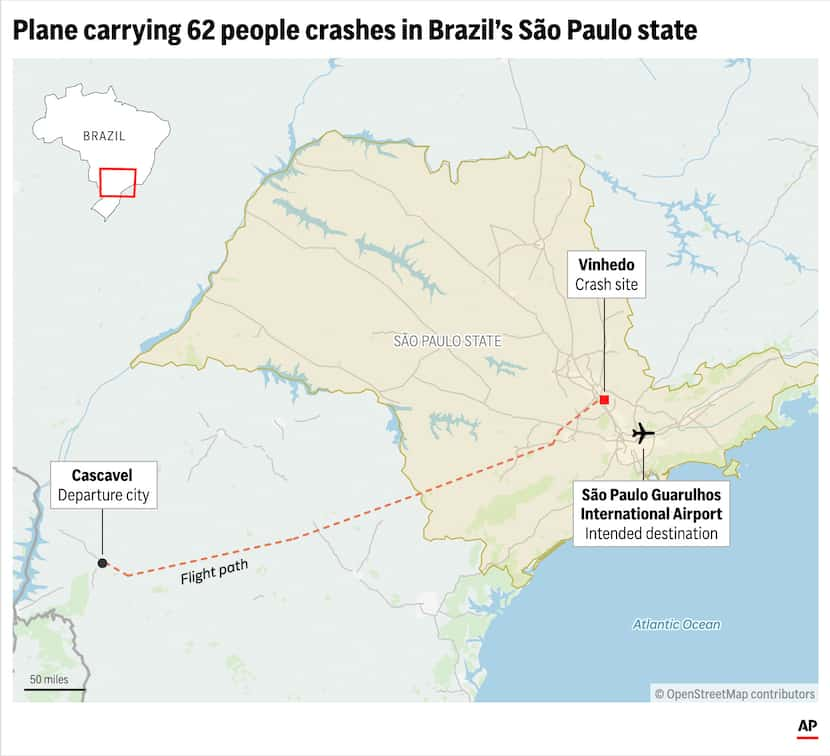 Locator map showing the departure, destination and crash sites of a Brazilian commercial...