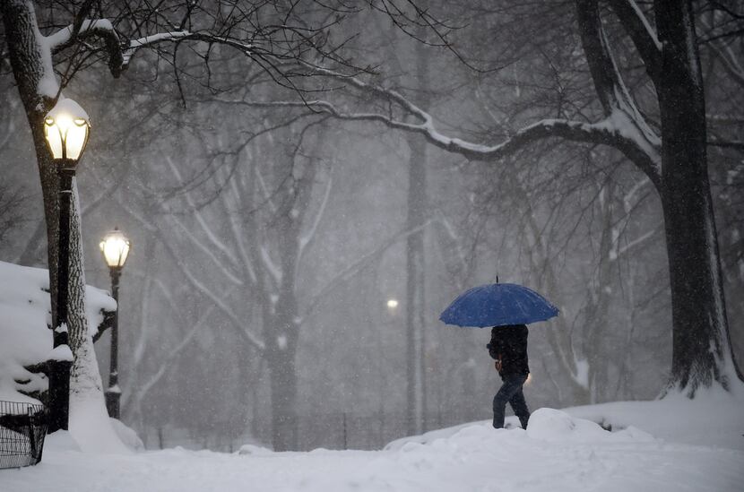 A pedestrian walks through New York City's snow-covered Central Park. 