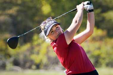 Maddie Szeryk, of England, watches her tee shot on the eighth hole during the LPGA The...