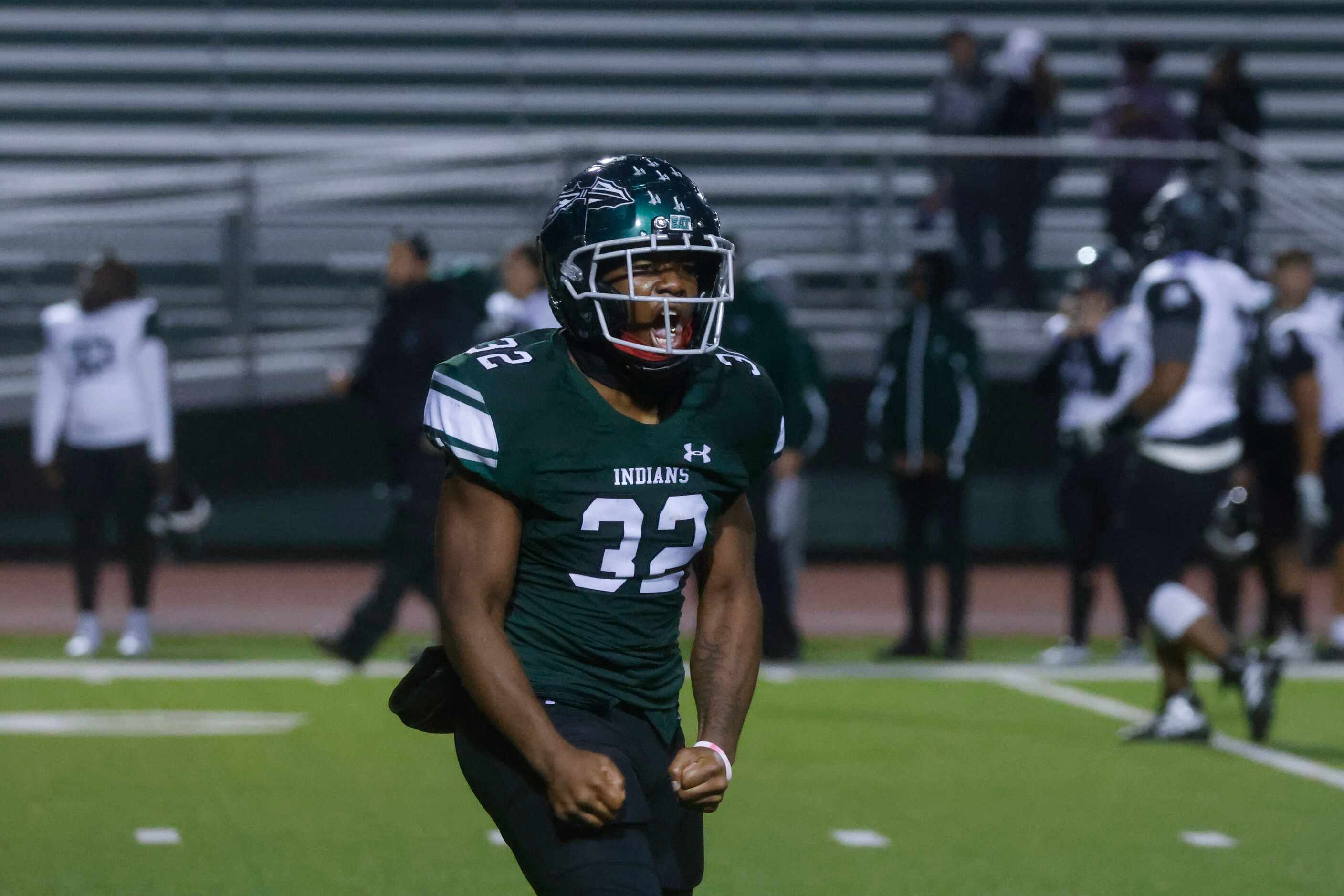 Waxahachie’s La’Markus Reed (32) reacts to a last minute interception against Mansfield Lake...