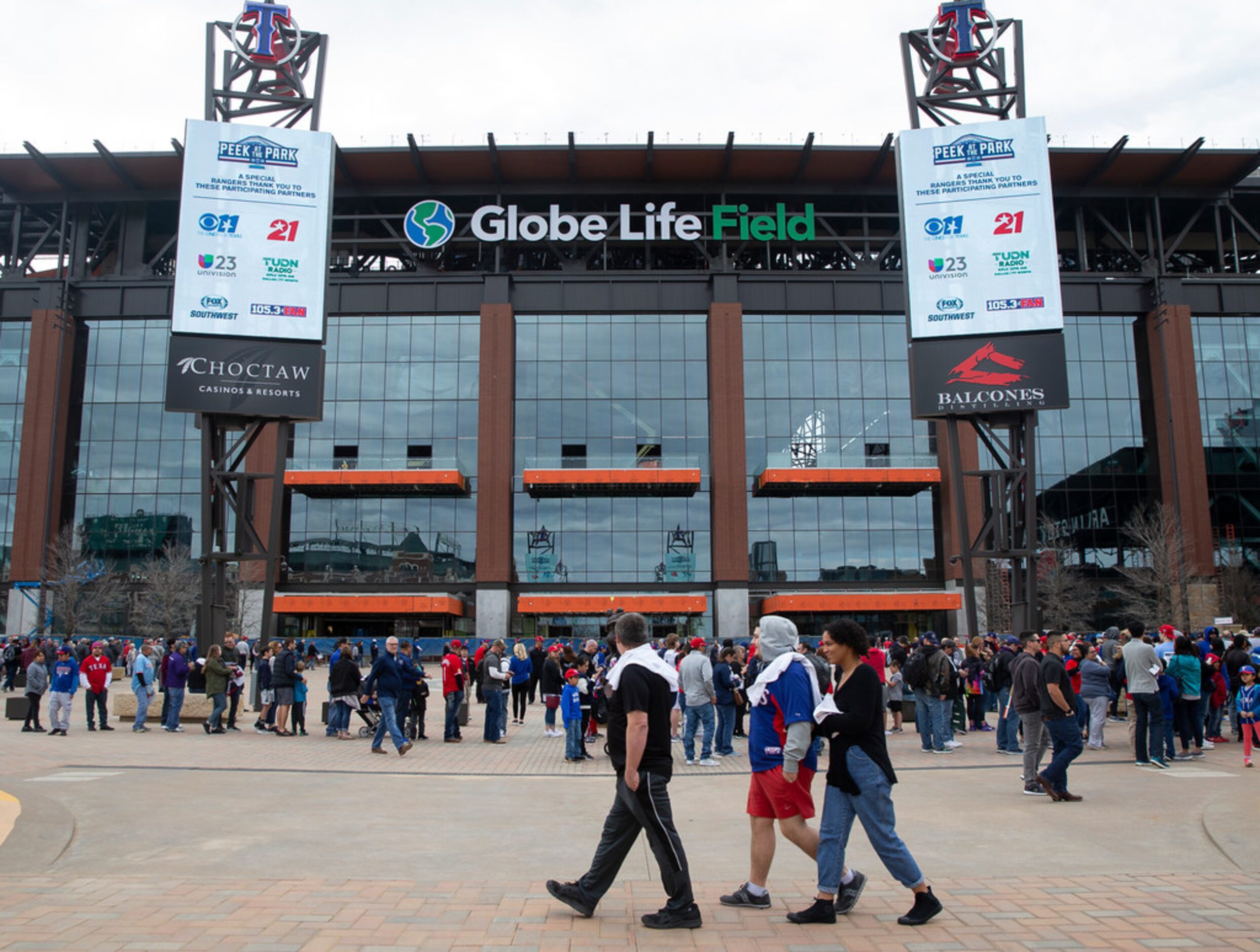 The exterior of Globe Life Field during the Rangers' Peek at the Park fanfest on Jan. 25,...