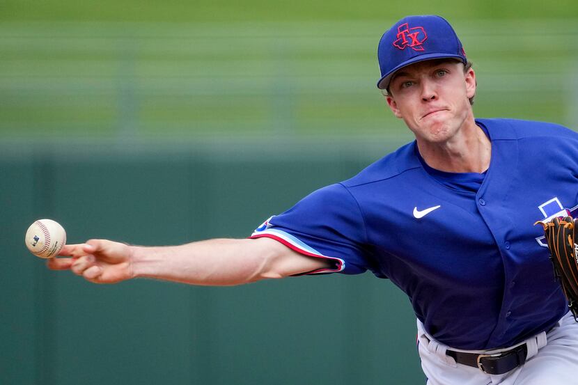 Texas Rangers pitcher Chase Lee delivers during the seventh inning of a spring training game...