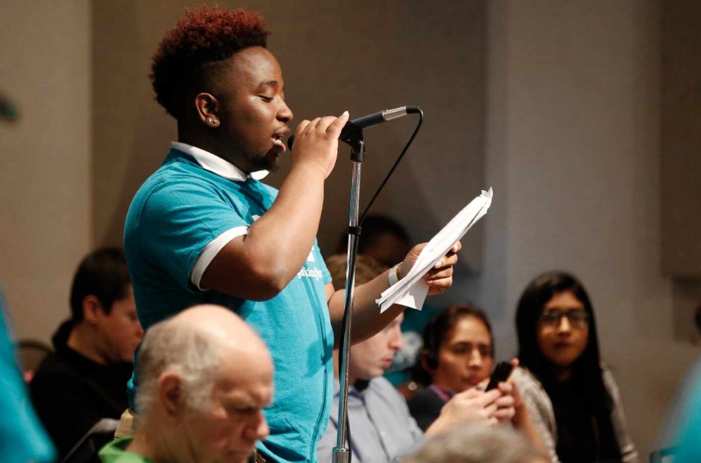 Dajaun Johnson, a senior at Townview Magnet Center, speaks out against the use of suspension...