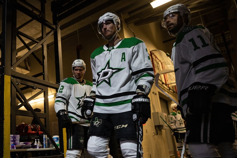 From L to R: Dallas Stars forward Radek Faksa (12), defenseman John Klingberg (3), forward...