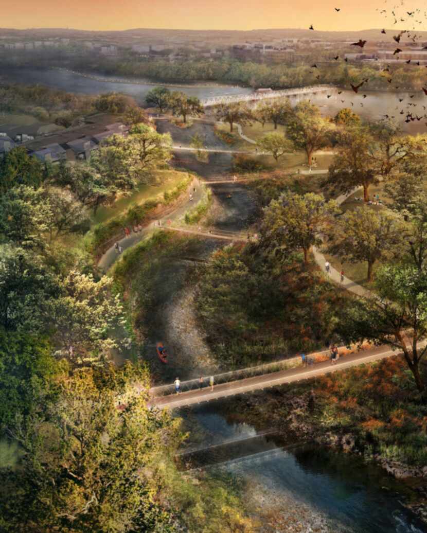 An aerial view of the Waller Creek plans depicts its potential for knitting together...