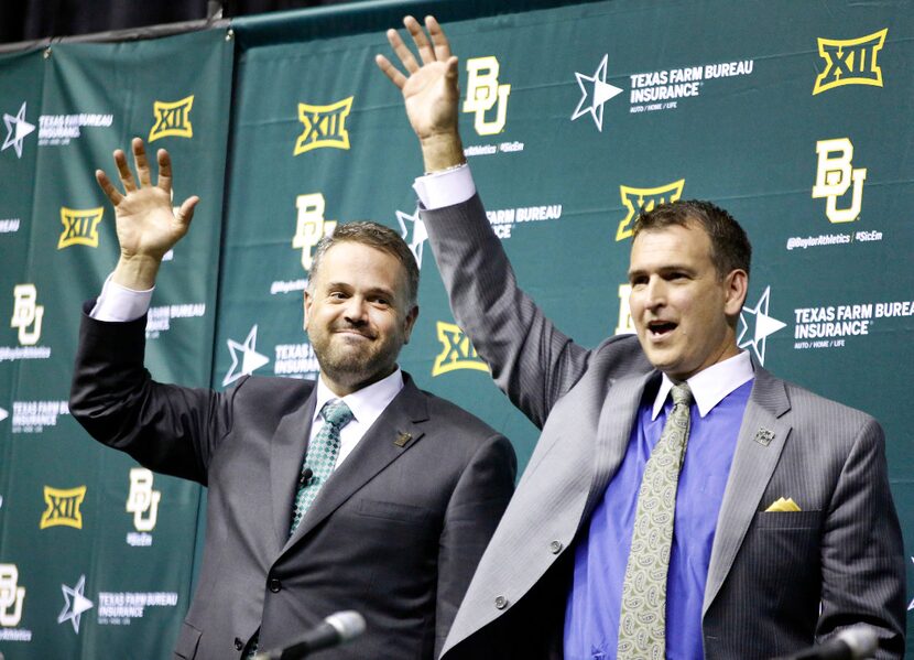 Baylor University introduced it's new head football coach Matt Rhule (left) as he and...