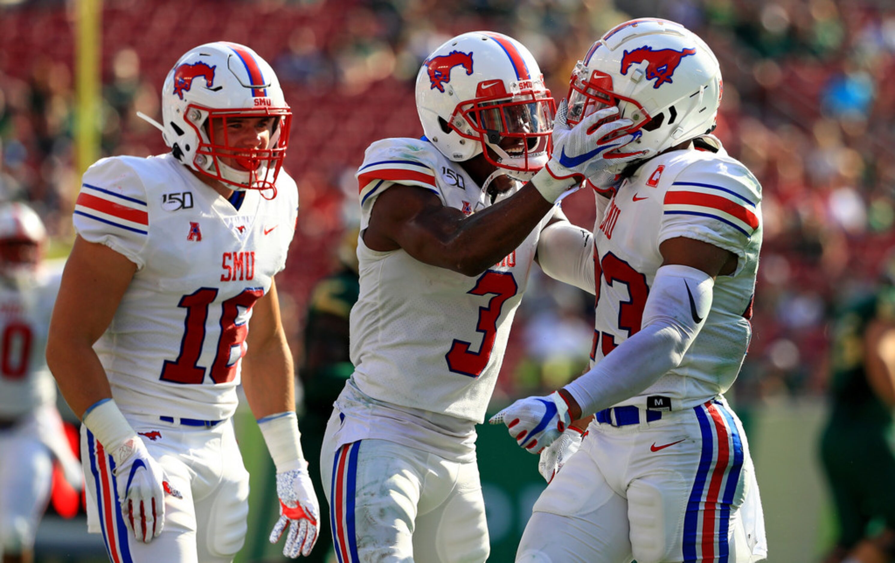 TAMPA, FLORIDA - SEPTEMBER 28: Rodney Clemons #23 of the Southern Methodist Mustangs...