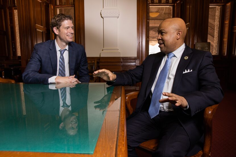 (From left) Rep. Matt Krause (R-Ft.Worth) and Carl Sherman (D-Desoto) chat during a photo...