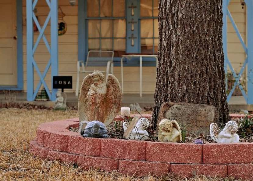 Memorial angels surrounded a tree outside a home on Truett Street in McKinney on Feb. 2,...