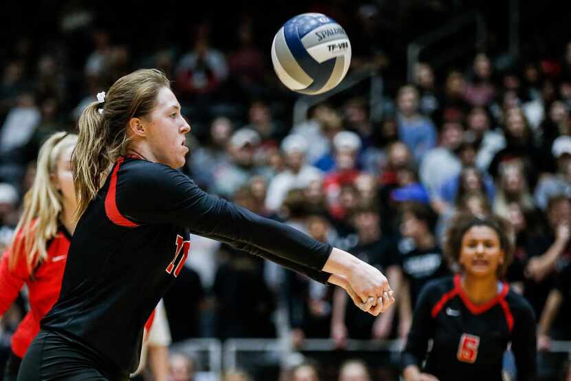 LoveJoy senior Madison Waters digs the ball during the Class 5A volleyball state...