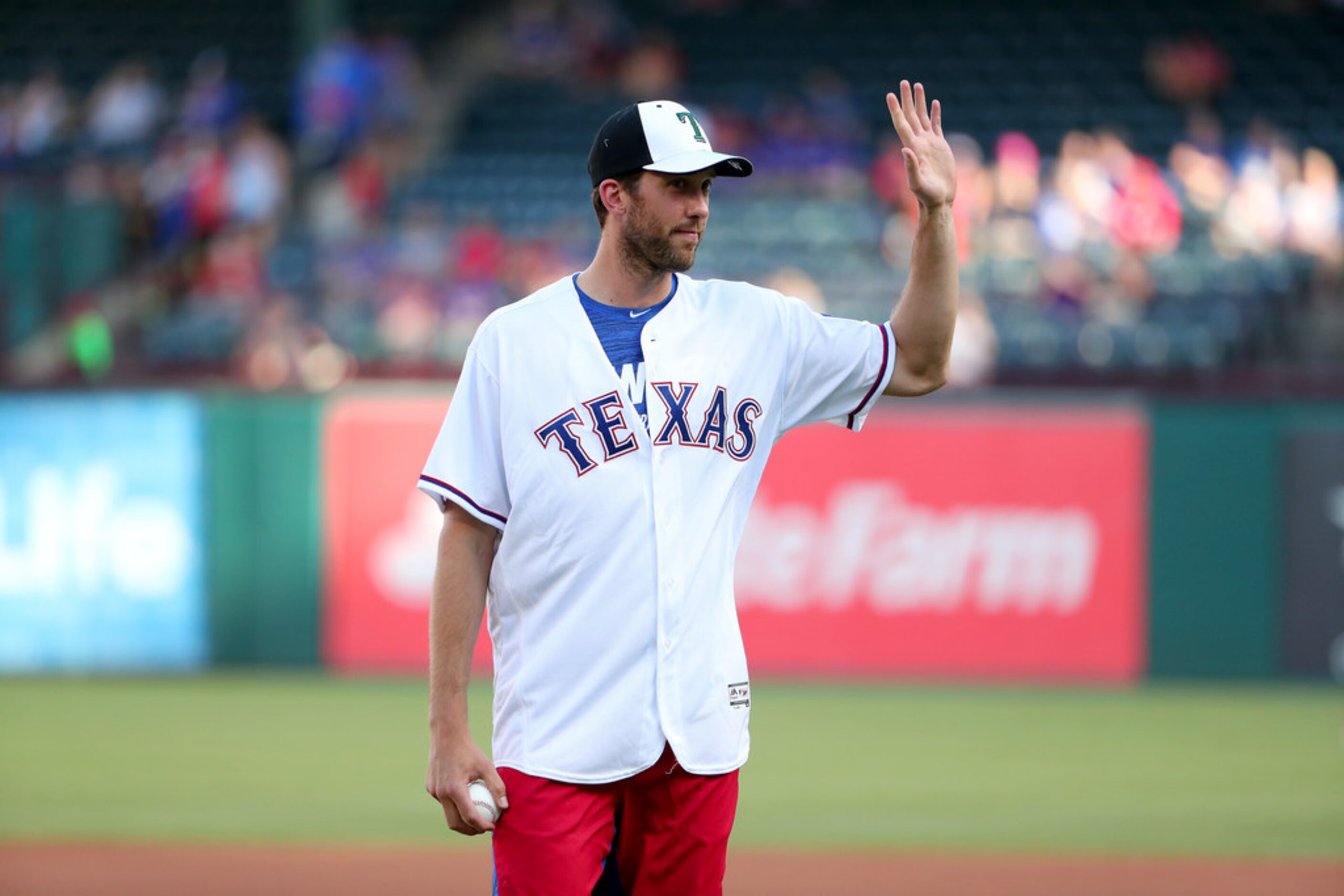 ARLINGTON, TEXAS - JULY 17: Ben Bishop of the Dallas Stars throws out the ceremonial first...