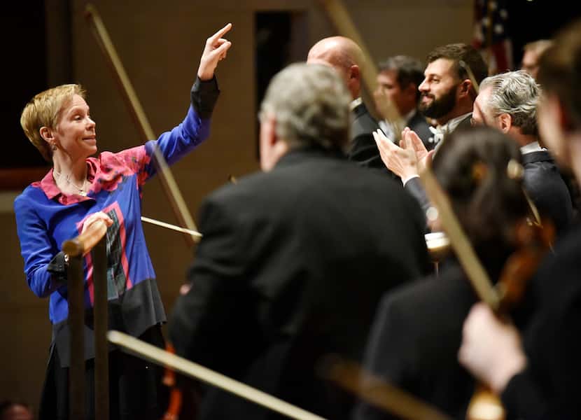 Composer Augusta Read Thomas (left) was applauded Sept. 12 as she acknowledged the Dallas...
