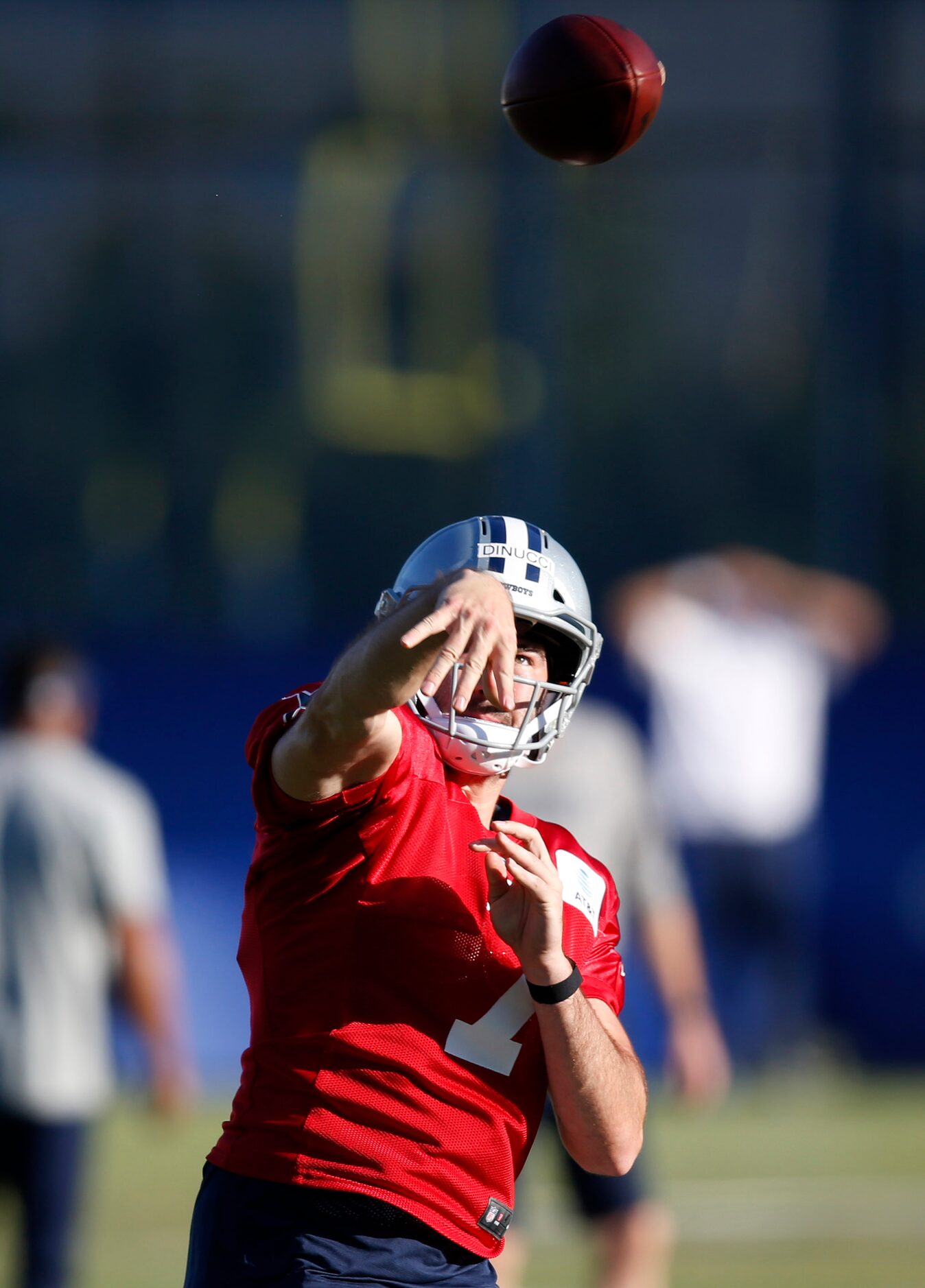 Dallas Cowboys quarterback Ben DiNucci (7) throws the ball during training camp at the...